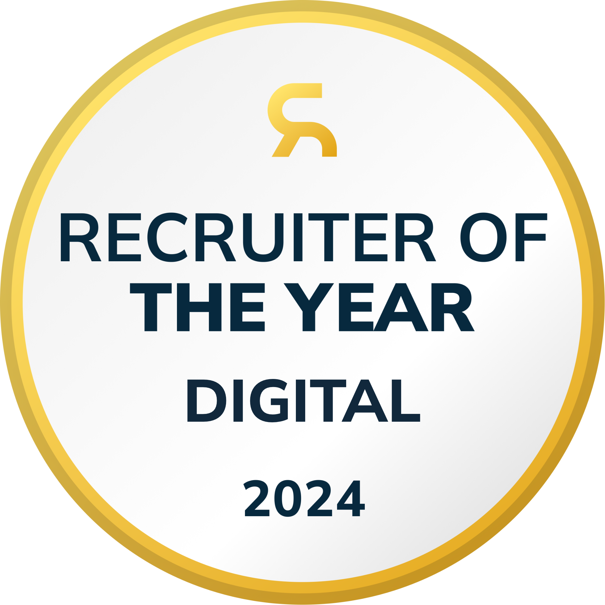 Round white badge with a gold border reading 'Recruiter of the Year Digital 2024' with a stylized gold 'R' symbol above the text.